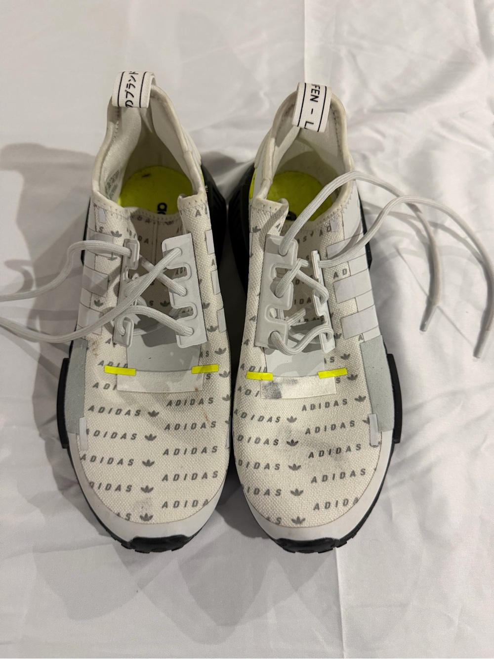 adidas White Logo Print Sneakers with Neon Yellow Tabs